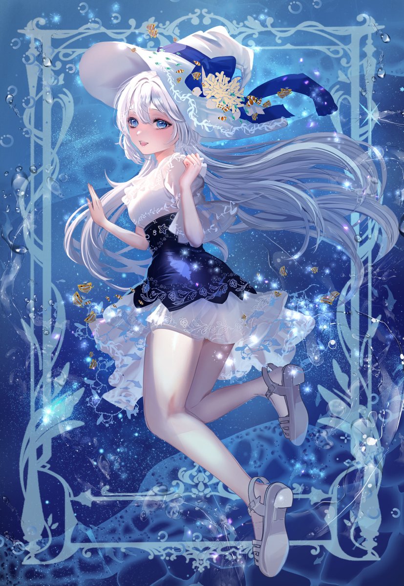 1girl hat blue eyes long hair solo witch hat white hair  illustration images