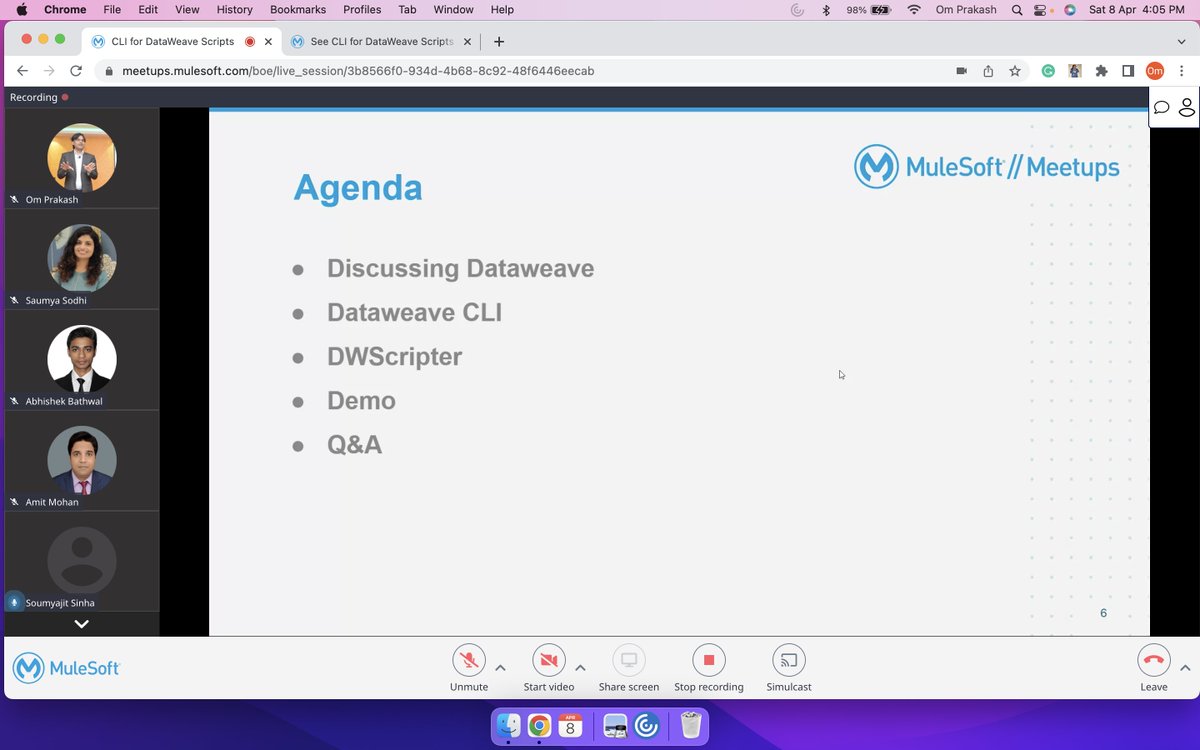 omprakash_it's tweet photo. We are live with our #MuleSoftMeetup Patna for "CLI for DataWeave Scripts"
Let's meet virtually!
https://t.co/03vrVZdtjh
@MuleSoft @MuleDev https://t.co/oAjGNfSThP