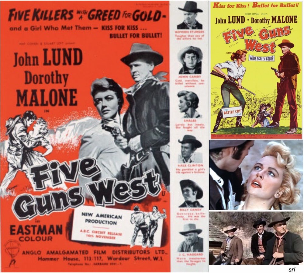 SaveRedlandLibr's tweet photo. 1pm TODAY on @Legend__Channel
The 1955 #Western film🎥 “Five Guns West” directed and produced by #RogerCorman from a screenplay from R. Wright Campbell
🌟#JohnLund #DorothyMalone #MikeConnors #JonathanHaze #BobCampbell(the screenwriter) #PaulBirch #JamesStone #JackIngram https://t.co/dcDmUwitnJ