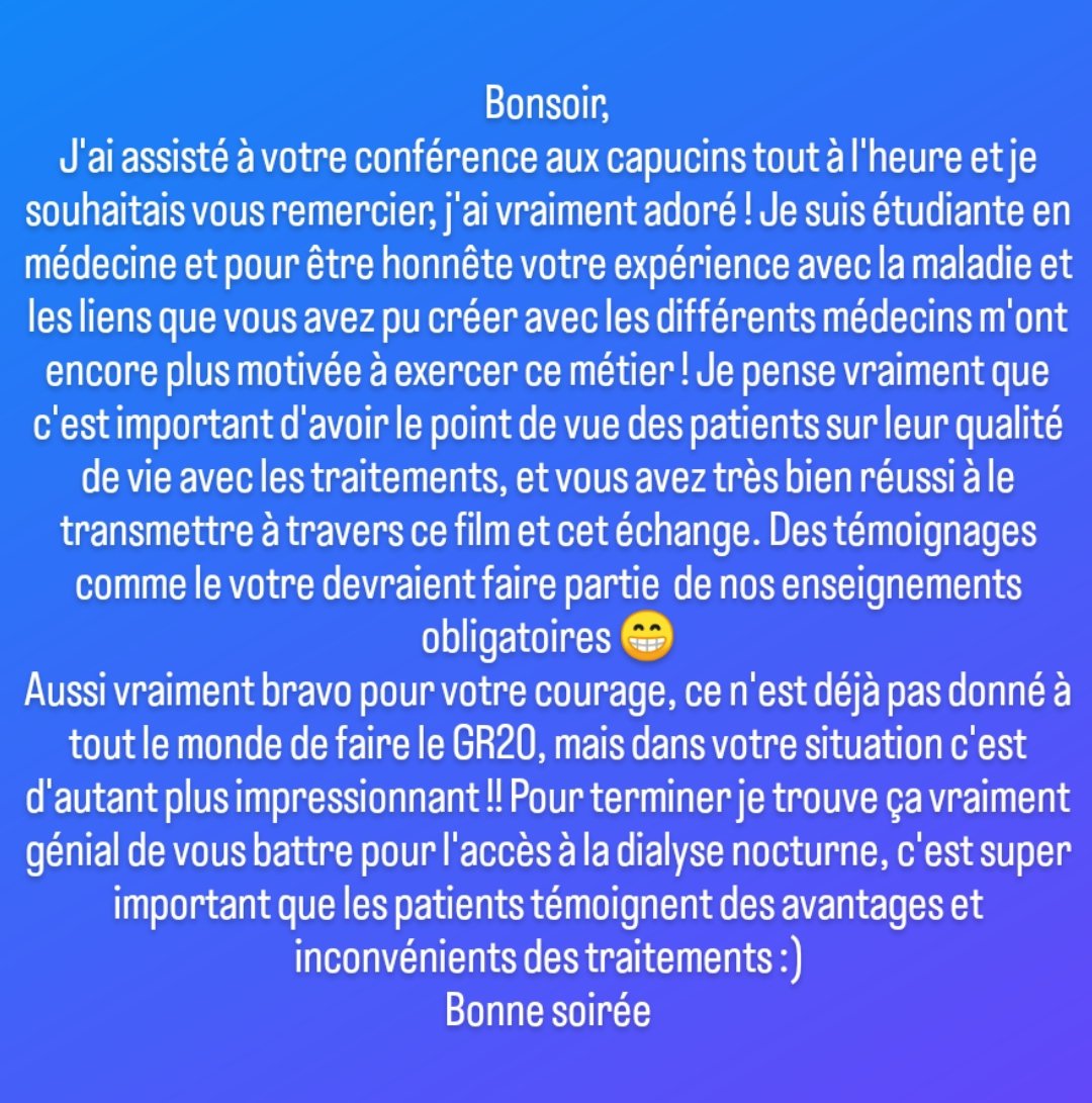 LMDSlefilm's tweet photo. TÉMOIGNAGE 👌🥰🥰🥰
Beaucoup de témoignages reçus hier pour cette conférence exceptionnelle #sportsanté du @bresturbantrail.
Je vous partage plus beau qui m'incite bénévolement à continuer 🫶🙏
#dialyse #partenariat #HDLN https://t.co/0P1X2geIvQ