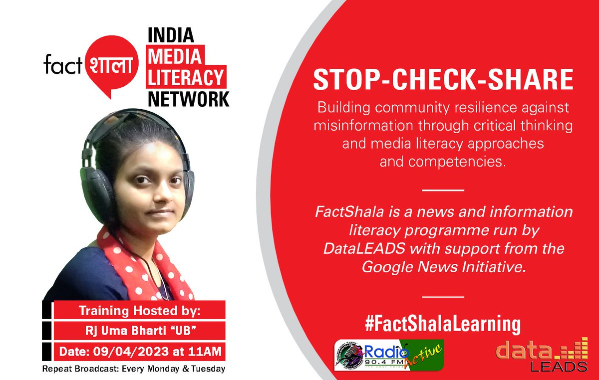 radioactivebgp's tweet photo. Now airing #StopCheckShare - Radio Program on Radio Active 90.4FM Bhagalpur
In the month of April 2023, where we will broadcast Radio shows on #medialiteracy to build a strong information ecosystem in our region.
Stay tuned for more!
#FactShalaLearning #radioactivebhagalpur https://t.co/QWSqLPpfsD
