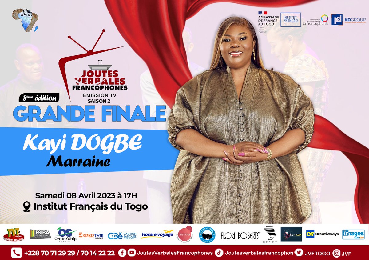 Dr. Kayi Dogbe (@kayidogbe) on Twitter photo Plaisir et devoir de célébrer l'#excellence de la #jeunesse à travers les <a href="/JVFTOGO/">Joutes Verbales Francophones</a> et le Trophée #KayiDogbe pour l'excellence #féminine. Rendez-vous ce soir à 18H à <a href="/IFTogo/">Institut Français Togo</a> pour la finale de l'édition 8. <a href="/yamafredt/">Frédérick TSATSU</a> #ArtOratoire #KayiDogbe #NabouFall #OIF #Togo #PourServir Plaisir et devoir de célébrer l'#excellence de la #jeunesse à travers les <a href="/JVFTOGO/">Joutes Verbales Francophones</a> et le Trophée #KayiDogbe pour l'excellence #féminine. Rendez-vous ce soir à 18H à <a href="/IFTogo/">Institut Français Togo</a> pour la finale de l'édition 8. <a href="/yamafredt/">Frédérick TSATSU</a> #ArtOratoire #KayiDogbe #NabouFall #OIF #Togo #PourServir
