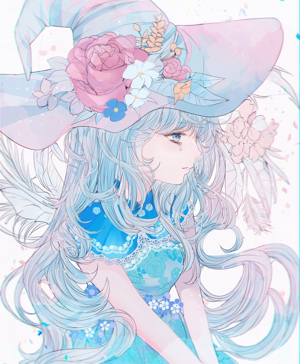 1girl solo hat flower long hair dress witch hat  illustration images