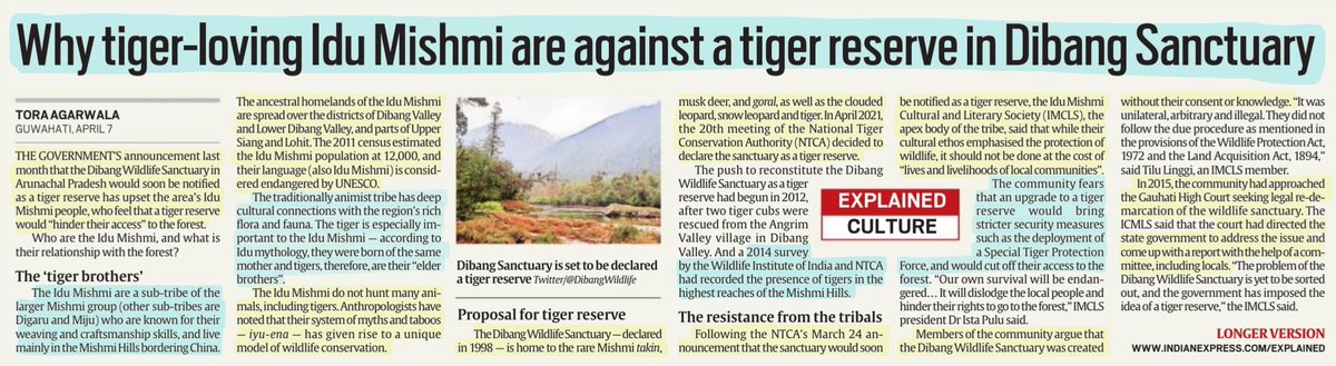 'Why Tiger loving Idu Mishmi are against a Tiger Reserve in Dibang Sanctuary'
#DibangSanctuary to #TigerReserve ,animals therein,abt #IduMishmi tribes &
More info..

#Mishmi #Tribe #animist
#Tigers #snowleopard #MishmiTakin #MuskDeer #Goral #CloudedLeopard #NTCA

#UPSC #UPSC2023