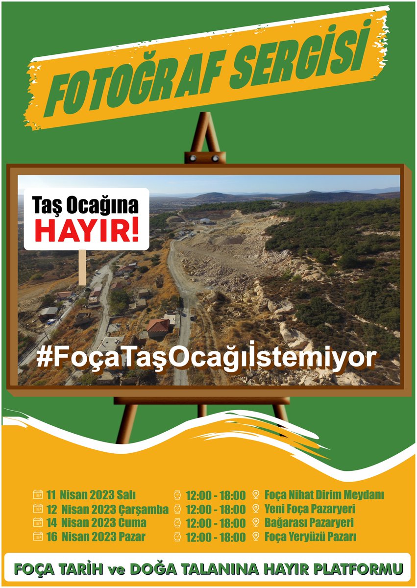 11 Nisan 2023 Salı saat:12:30 da Foça Nihat Dirim Meydanında yapılacak olan basın açıklaması ile fotoğraf sergisine; Kocamehmetler  köyünü tehdit eden taş ocağına karşı  doğayı  ve yaşamı koruma mücadelesinde sesimizi birleştirmeye davet ediyoruz
#FoçaTaşOcağıİstemiyor