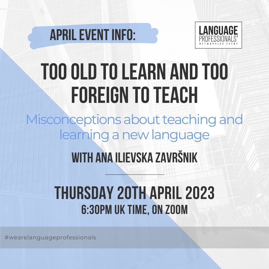 LanguageProfNet's tweet image. The Language Professionals’ Networking Event for April is just 3 days away, but it’s not too late to join us!

For further information: languageprofessionalsnetworking.com/next-event/ 

#wearelanguageprofessionals #misconceptions #languageteachers #charteredlinguists