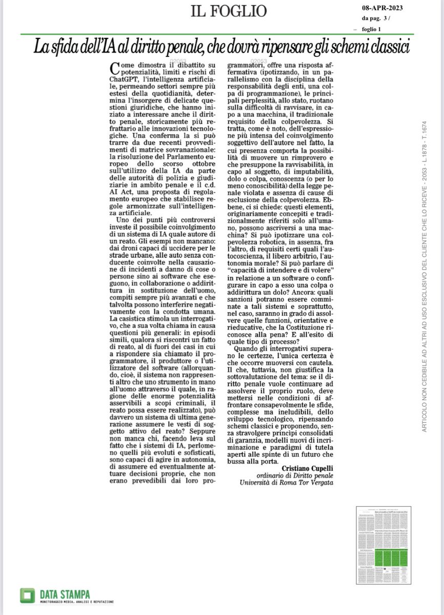 CCupelli's tweet image. Machina delinquere (et puniri) non potest?
Qualche spunto su potenzialità, limiti, rischi e prospettive del rapporto tra diritto penale e intelligenza artificiale. Partendo da ChatGPT...