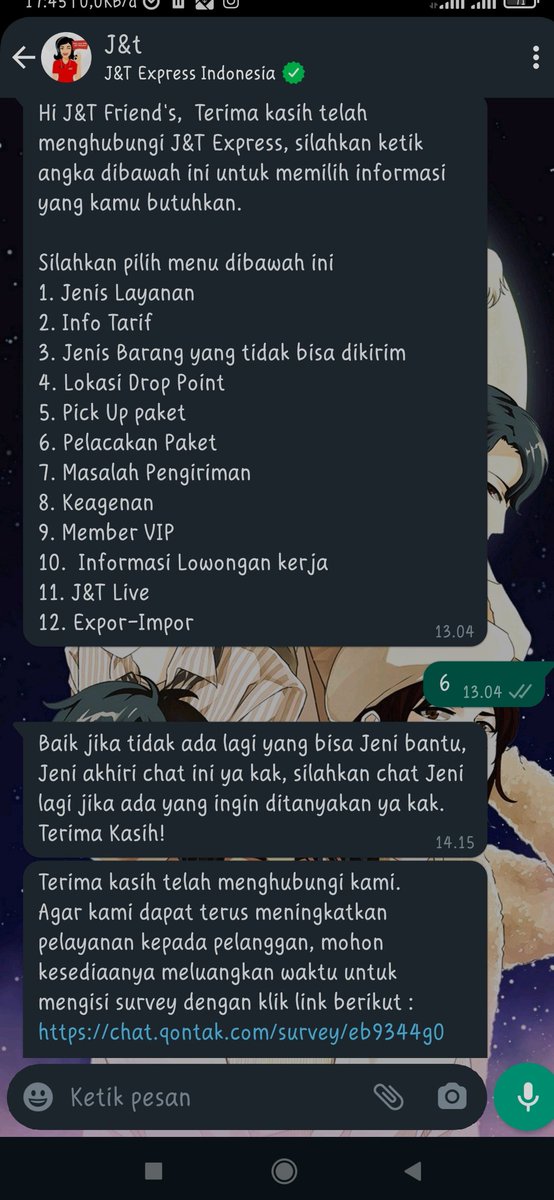 aizthai's tweet photo. @jntexpressid min, kenapa balasan WA nya seperti ini? 

Saya udah coba berkali-kali, tapi tak ada jawaban dan langsung mengakhiri chat https://t.co/F2OZpeowy4