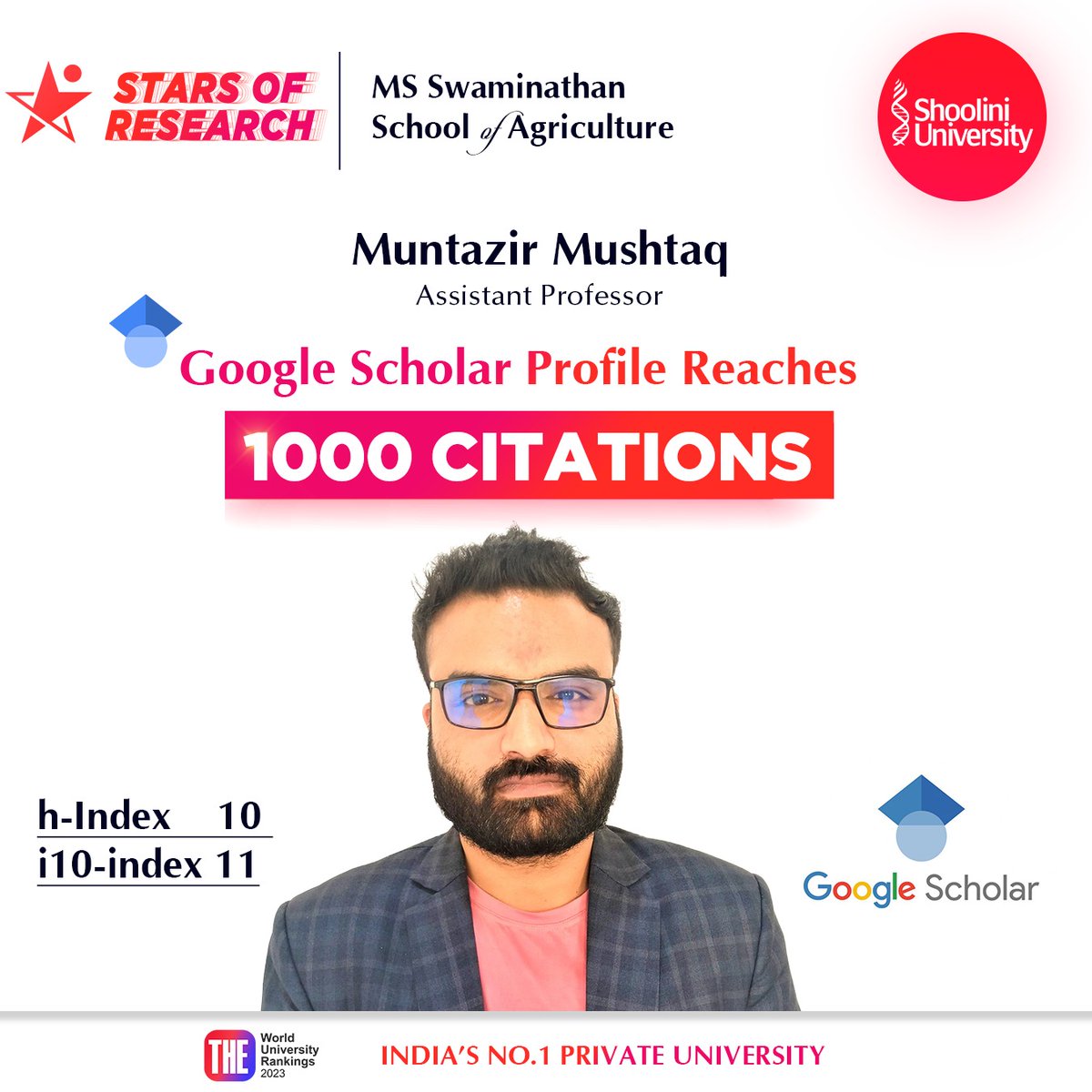 ShooliniUniv's tweet image. Congratulations Asst Prof Muntazir Mushtaq from MS Swaminathan School of Agriculture on achieving the monumental milestone of 1000 citations on your Google Scholar profile! Keep up the excellent work! 💫

#researchachievements #researchprogram #researchscholar #researchers #india