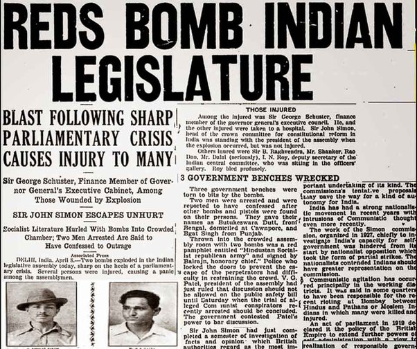 InHistoryLive's tweet photo. 8th April in History :

On 8th April,1929,Bhagat Singh and Batukeshwar Dutt threw bombs into Delhi Central Assembly to protest against the passing of two repressive bills by British Govt, the Public Safety Bill and the Trade Dispute Bill.Their aim was to "make the deaf hear". https://t.co/z2t8VFAvZu