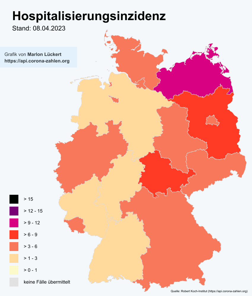 🇩🇪 Auslastung der Intensivstationen am 08.04.2023 🇩🇪

🛌 Belegt: 18.870 / 22.603 (0% | 3.733 frei)

🦠 Davon Corona: 847 (0% | -32)
   🔸 Davon Beatmet: 296 (34,95%)
   🔹 Betten frei pro Standort: 3,14

🆓 Corona-Intensivbetten frei: 988 / 22.603