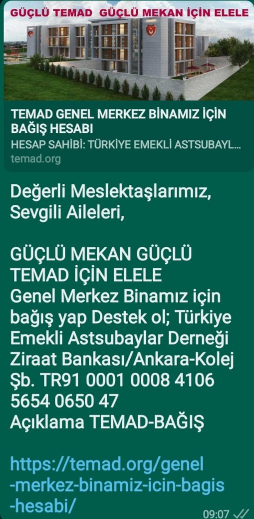 Arif52434616's tweet photo. Değerli Meslektaşlarımız, 
GÜÇLÜ MEKAN GÜÇLÜ TEMAD İÇİN ELELE
Genel Merkez Binamız için bağış yap Destek ol; Türkiye Emekli Astsubaylar Derneği Ziraat Bankası/Ankara-Kolej Şb. TR91 0001 0008 4106 5654 0650 47
Açıklama TEMAD-BAĞIŞ 

https://t.co/aR0cGZKj8b https://t.co/w1vn3Ckyip