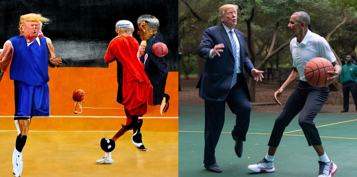lahoti's tweet photo. Midjourney’s output to the same prompt—“Barack Obama and Donald Trump playing basketball”—from 12 months ago vs. today. 

Rapid pace of AI development is an heavy understatement ! https://t.co/E4PW0OJ9bE