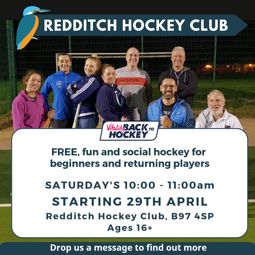 Back to Hockey is back 🙌 

Our free, fun, and social Back to Hockey sessions are perfect for beginners and returning players.

📅 Saturday's, starting 29th April
🕙 10:00-11:00am
📍Redditch Hockey Club Astro
💷 Free
🏑 Sticks available to borrow
👕 Sports clothes &amp; shin pads