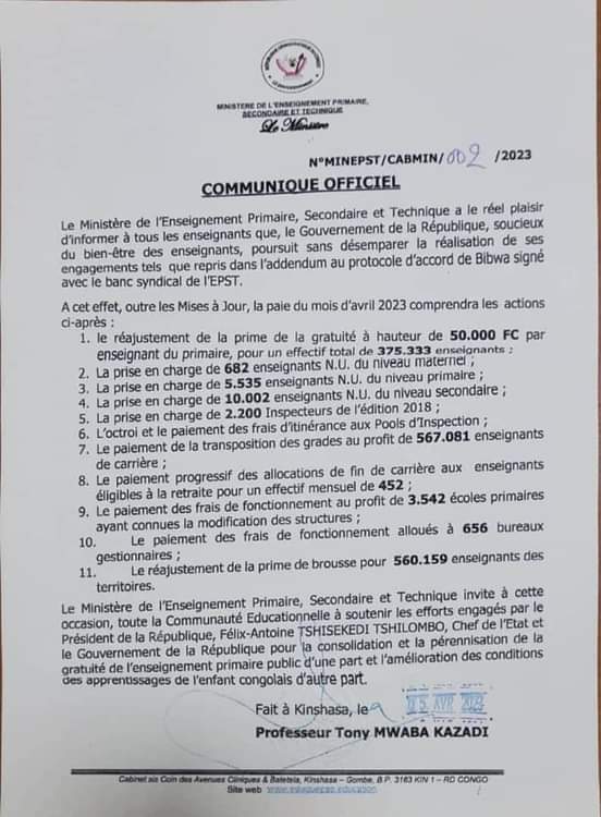 TMfundu's tweet photo. #EPSP: réajustement de la prime de la gratuité de 50.000FC par enseignant du primaire, pour un effectif de 375.333 enseignants et la prime de brousse pour 560.159 enseignants des territoires. https://t.co/KvajNBcxpT