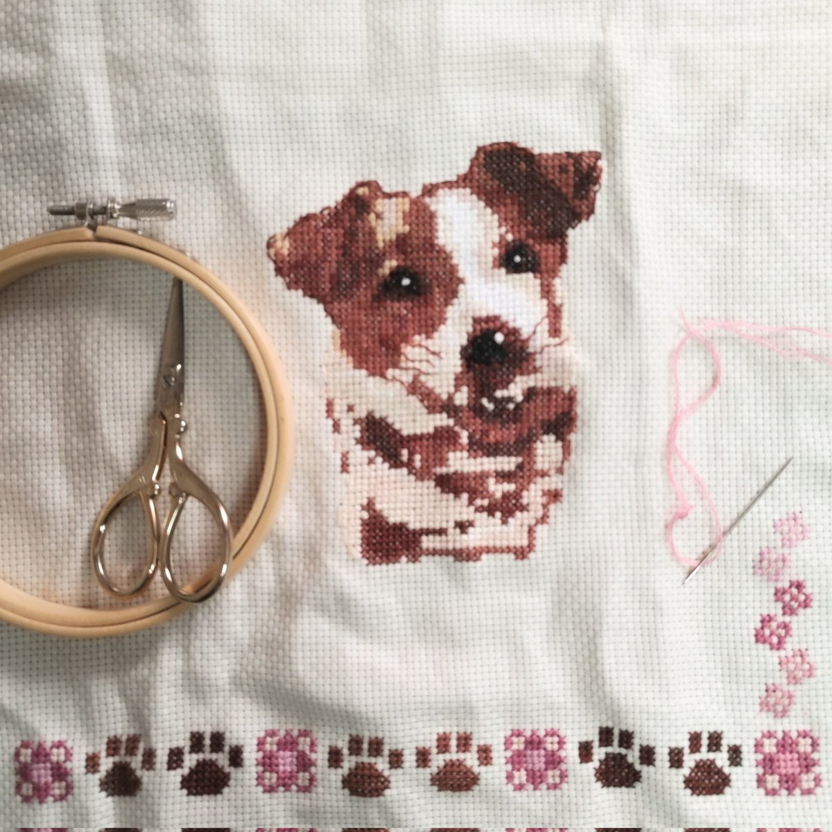hitomin_mitty's tweet photo. #day16
#クロスステッチ
#写真から の図案化に初挑戦
#ジャックラッセルテリア #犬
#cosmo 
#刺繍 #25番 #刺繍糸
#手芸 #手作り #ちくちく
#進捗 
#肉球 #花柄 
#crossstitch #ontheway
#dog #paw #flowers
#embroidery #embroiderylove 
#embroiderythread
#handmade https://t.co/CIwyKX8ELc