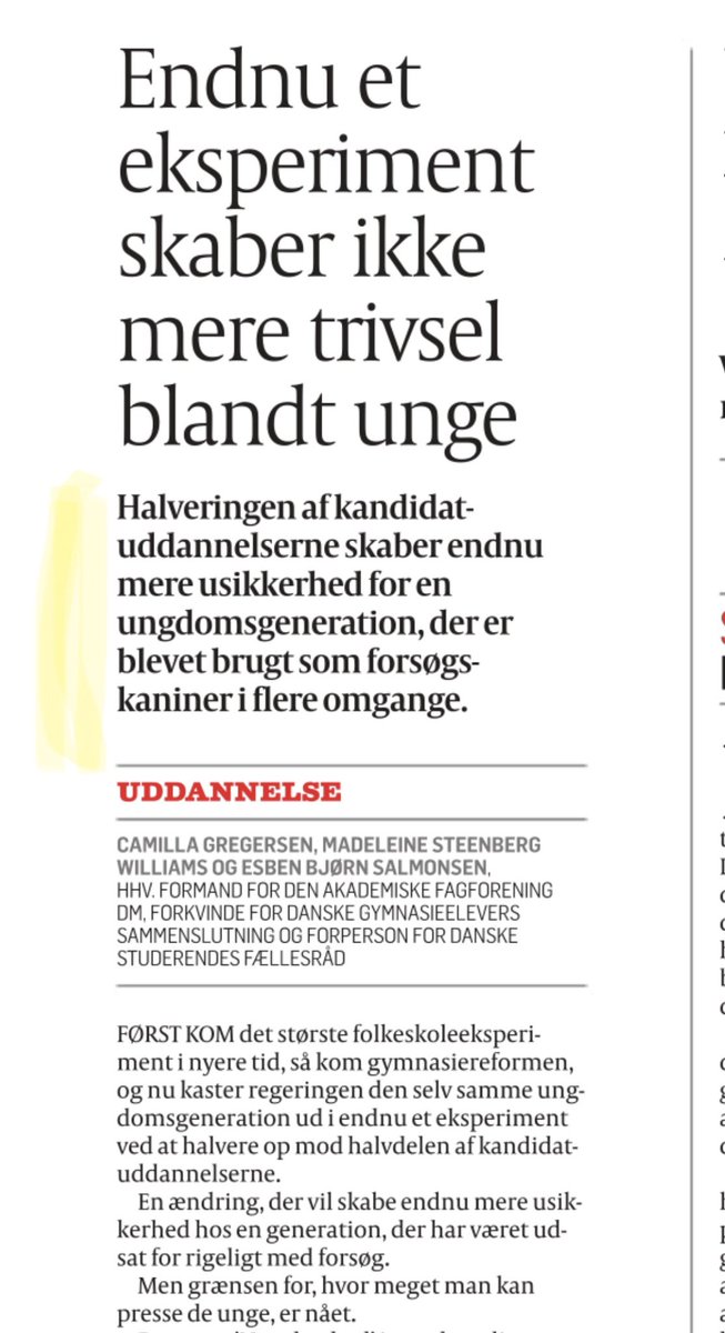 Halvering af kandidatuddannelsen = mere usikkerhed og pres på de unge. 
Stop det! 🛑✋
Indlæg i <a href="/politiken/">Politiken</a> i dag sammen med <a href="/madeleineswill/">Madeleine Steenberg Williams</a> <a href="/gymnasieelever_/">Danske Gymnasieelevers Sammenslutning (DGS)</a> og <a href="/Esben_Salmonsen/">Esben Bjørn Salmonsen</a> <a href="/StudFaellesraad/">Danske Studerendes Fællesråd</a>. <a href="/DMfagforening/">DM - fagforening</a>
