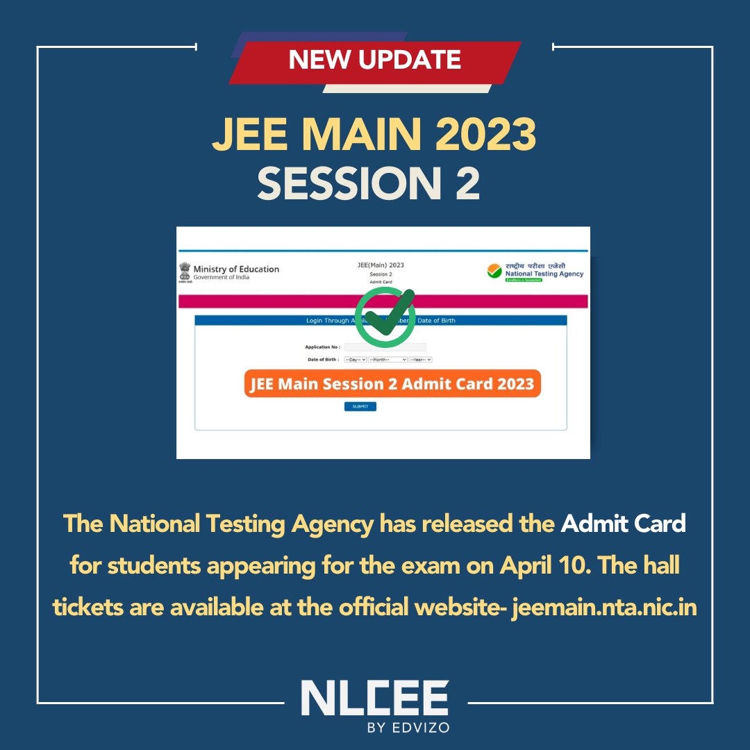 edvizo's tweet photo. JEE Main 2023, Session 2: How to download admit card
Students whose exam is on April 10 can download the admit card by following these steps:

Step 1: Visit the official website- https://t.co/aBHV3v42NZ
Step 2: Click on the link for admit card on the homepage
Step 3: Enter your credentials such as application number and date of birth
Step 4: View and download the admit card

#jeesession2 #jee2023 #iitjee #jeeadmitcard #admitcardreleased #nta #edvizo