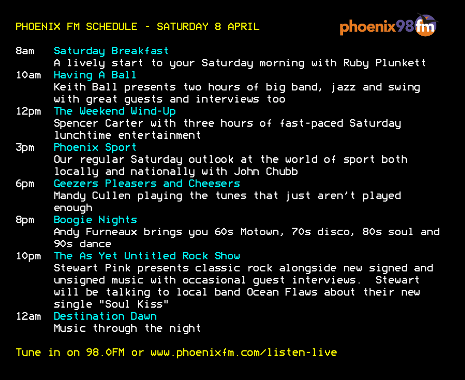 phoenixfm's tweet photo. Today's schedule on Phoenix FM - #communityradio for #Brentwood and #Billericay

@spencerscarter @JohnCphoenixfm @mandycullen87 @andy_furneaux @StewPink 

Listen live: 98.0FM and https://t.co/yL3y4ccJWR https://t.co/1FKHYh9Yey