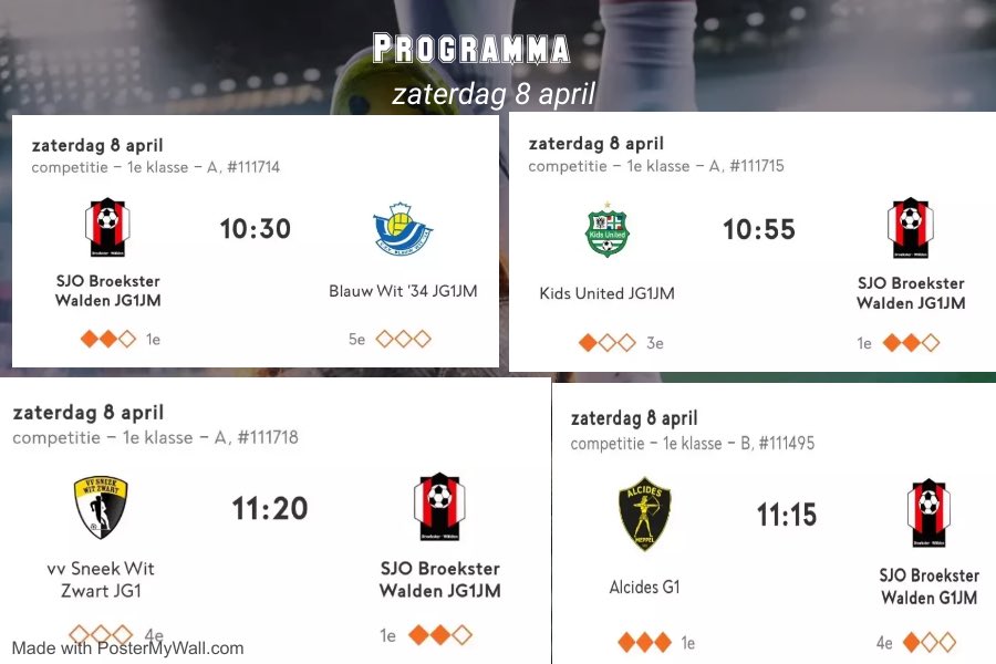 #Matchday vandaag komt JG1JM in actie…

Om 10:30 uur trappen de heren af in Damwáld. Tegenstanders zijn @GTeamBlauwWit34 JG1JM, <a href="/kidsunited050/">Kids United</a> JG1JM, en <a href="/SneekWitZwart/">VV Sneek Wit Zwart</a> JG1.

Succes allemaal 💪💪💪