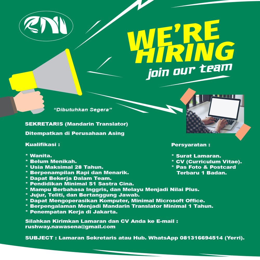 bangyerr's tweet image. Info loker!
Dibutuhkan segera sekretaris, di perusahaan asing, bisa berbahasa mandarin dan berpengalaman menjadi mandarin translator. Daerah jakarta.

Butuh cepat. Interview langsung bekerja.

Minat dm😊
#infoloker #lokerjakarta #lokerstaffadmin #lokercot #lokersekretaris