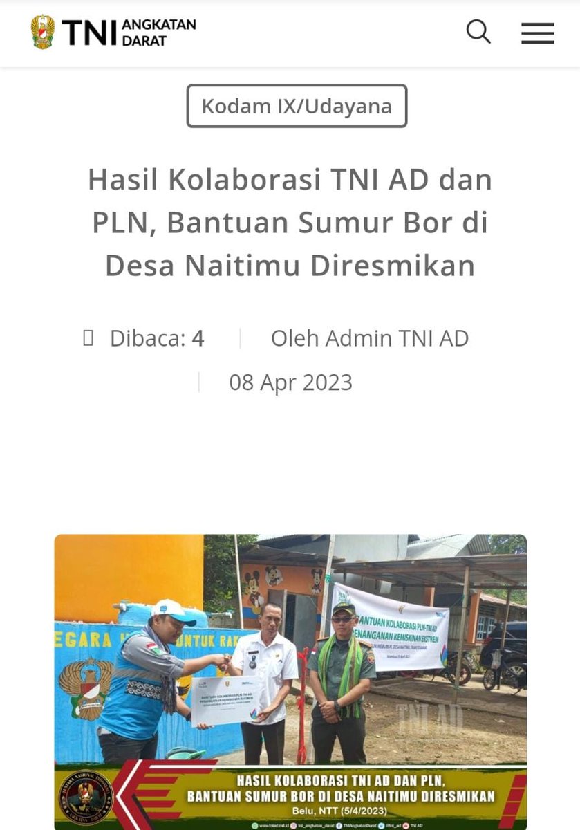 RestuHidyh's tweet photo. Kita hadir untuk memberikan solusi, oleh karena itu kami juga mengucapkan terimakasih kepada PLN melalui program CSR berupa bantuan sumur Bor dan perlengkapannya, kata Dandim.

@Ngopibareng_DAR

Angkatan Darat Di Hati Rakyat
Kasad Dudung Abdurachman https://t.co/3V4zHY13p6