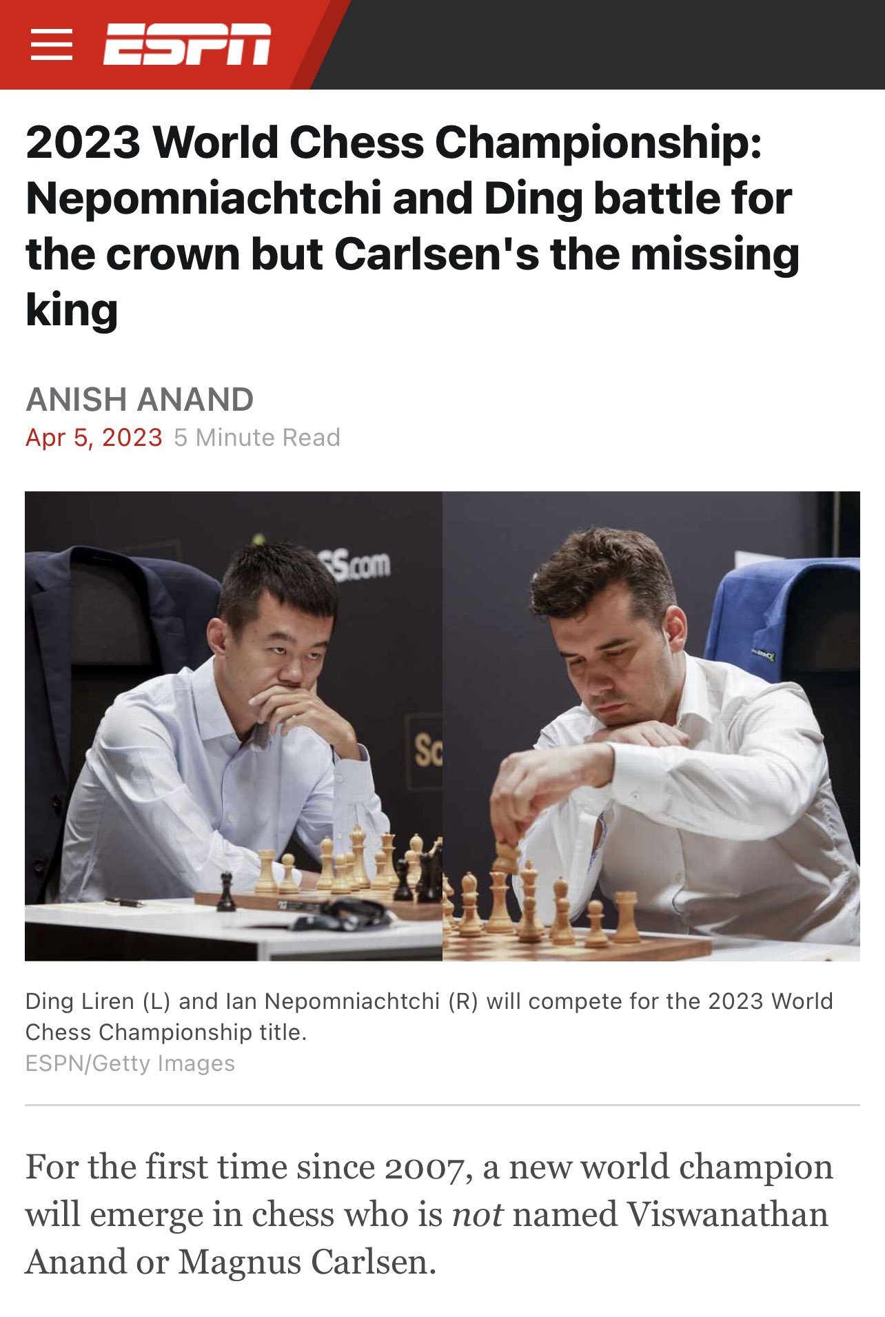 2023 World Chess Championship: Nepomniachtchi and Ding battle for the crown  but Carlsen's the missing king - ESPN