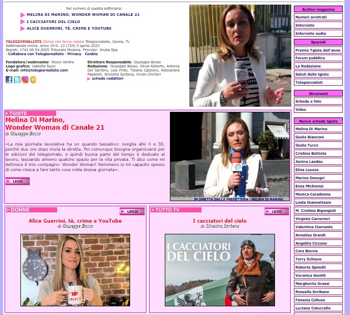 Online il numero 729 di #Telegiornaliste #donnechefannonotizia. In copertina: #MelinaDiMarino #AliceGuerrini #iCacciatoriDelCielo telegiornaliste.com