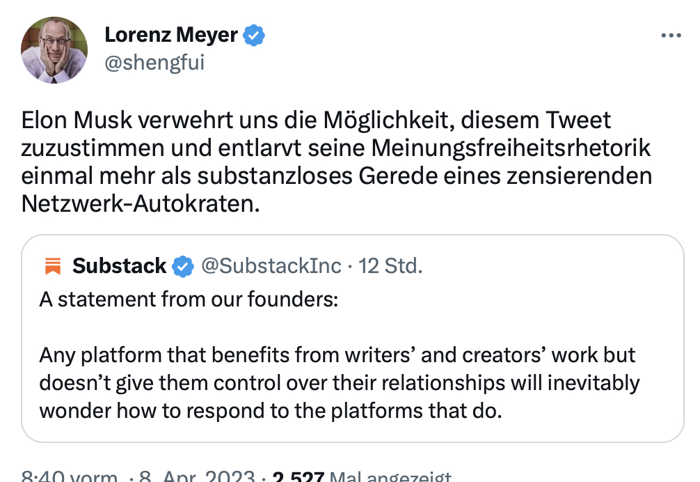 shengfui's tweet photo. Anscheinend verbietet unser rechtslibertärer Free-Speech-Experte auch das Liken und Kommentieren meines Tweets von vorhin. (Ihr könnt es gerne mal versuchen...) https://t.co/Q51606OGNM