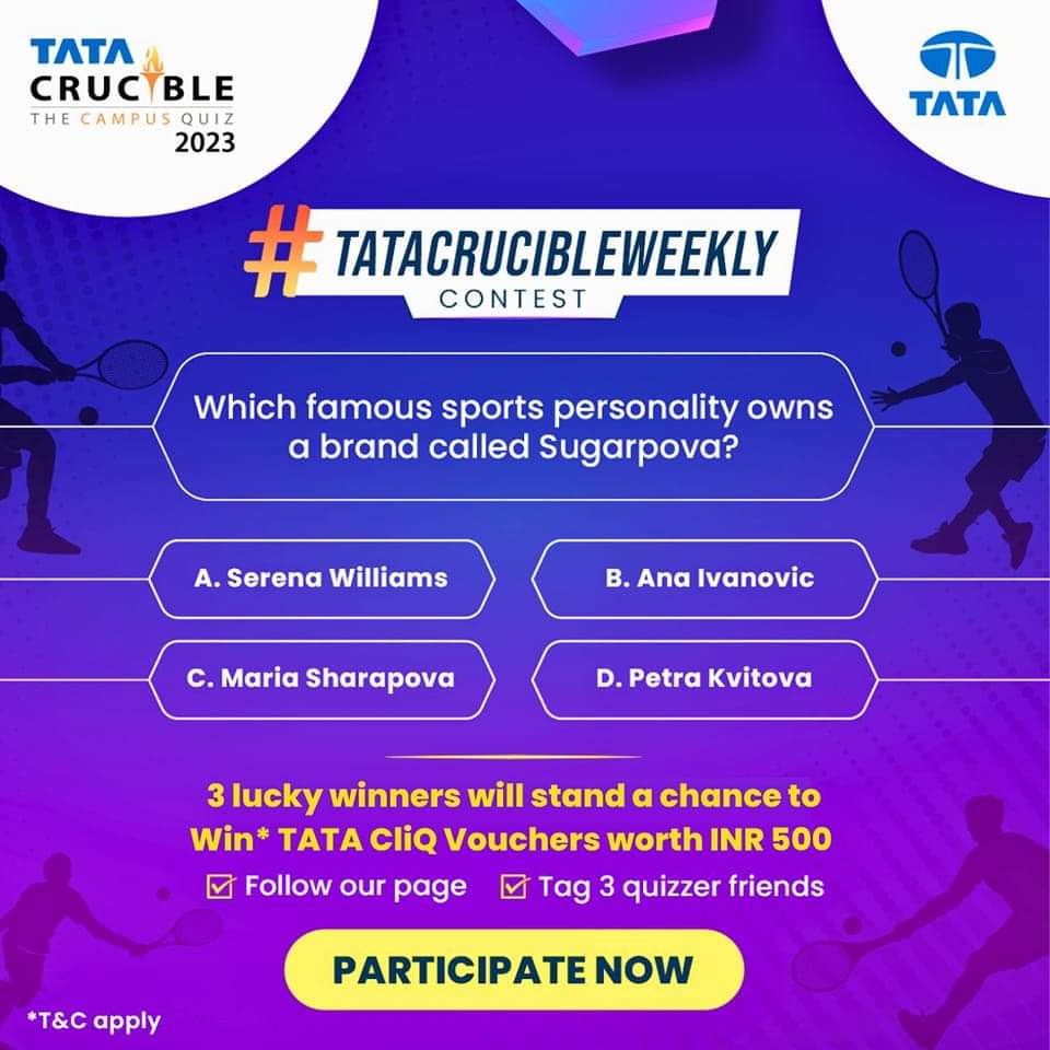 Tata_Crucible's tweet photo. Ready to flex your quizzing muscles? Join the #TataCrucibleWeekly Contest and put your knowledge to the test! 🧠

To participate:
👉Follow our page
👉Tag 3 quizzer friends
👉Name the famous sports personality who owns a brand called Sugarpova

Participate now!

#Contest #Giveaway https://t.co/iNn2SrV0KF