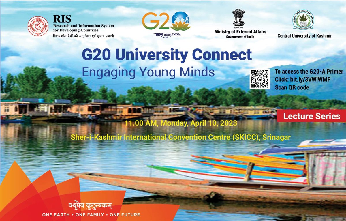 #G20India
G 20 University Connect 
Engaging Young Minds
SKICC, Monday April 10, 2023
@PMOIndia @amitabh_kant @HShringla @g20org @G20_Bharat @RIS_NewDelhi @Sachin_Chat #Universityconnect #G20 @EduMinOfIndia @OfficeOfLGJandK