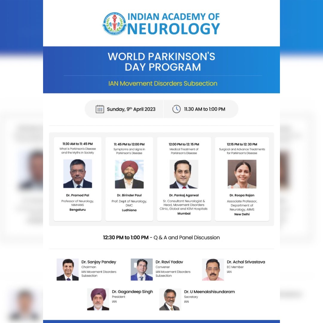 IAN World Parkinson's Day Webinar, Myth busting and Discussion on treatment of Parkinson's Disease On April 09 2023 from 11:30 AM to 01:00 PM India Time. Joining link: zoom.us/j/96631011283 #IAN #WorldParkinsonsDay #webinar2023 #parkinsons @WHO @wfneurology @gagandeep_si