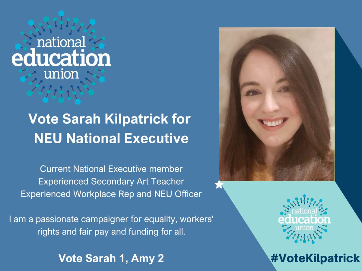amyk21's tweet photo. The ballot for regional executive seats has reopened. @sairskay and I are proud to have served on the NEC for the last two years and been so well supported in @NEUnorthern and @york_neu and @NEU_NorthYorks 

Please do use your vote when the paper lands. 

#VoteKilpatrick https://t.co/uqaSUnowNv