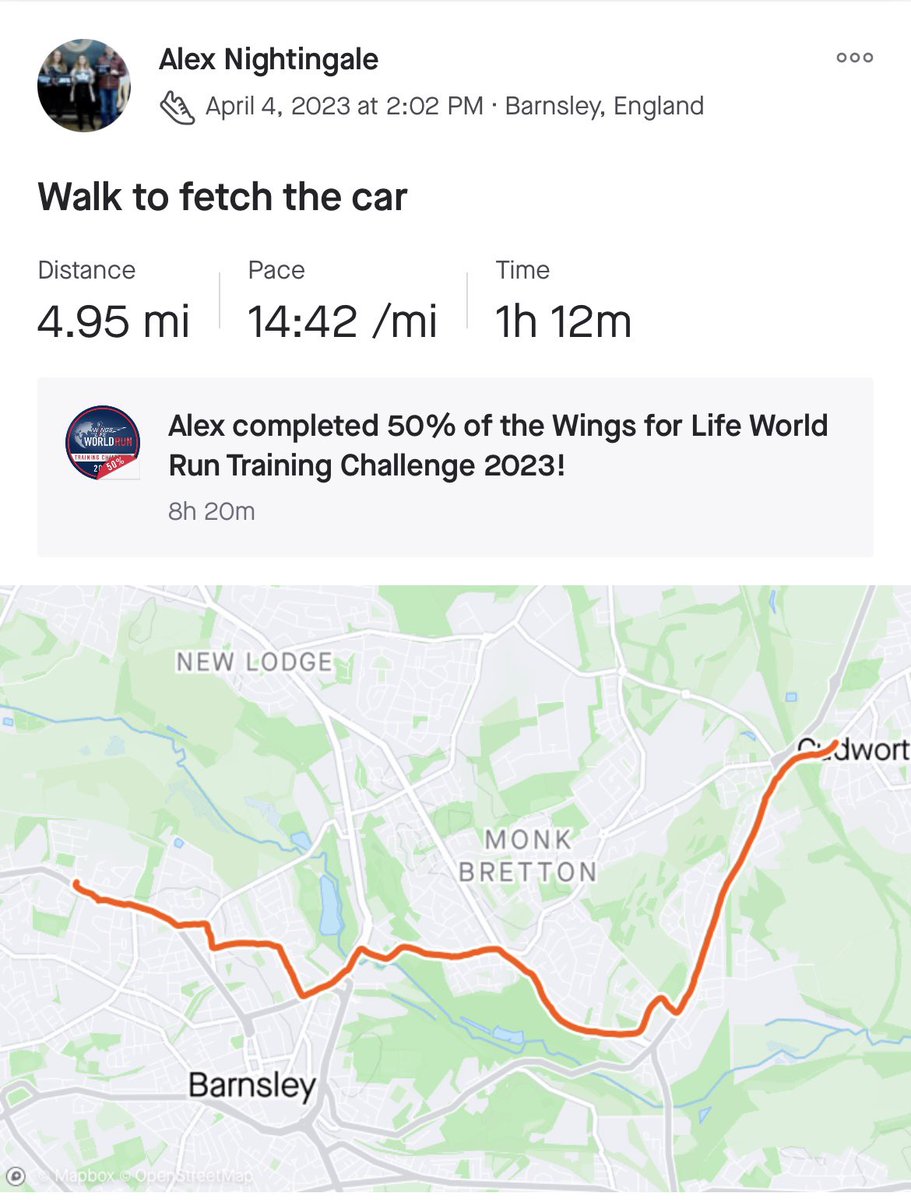 WMount's tweet photo. Mr Nightingale has clocked up 28 miles for the Gritcliffe Challenge this week already. Not bad to say he’s got a newborn… We hope Finley has made it out with you too (start them young)! #TrekForTemplar @WmsHouse https://t.co/S406HU2CYO