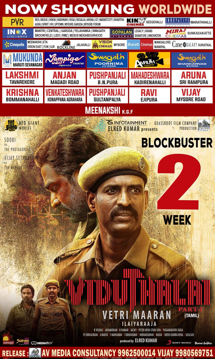 The powerful and thought-provoking #ViduthalaiPart1 continues to captivate audiences into its second week of success. An AV Media Consultancy release in Karnataka💥 #Vetrimaaran @rsinfotainment @VijaySethuOffl @sooriofficial @ilaiyaraaja @elredkumar @PeterHeinOffl @mani_rsinfo