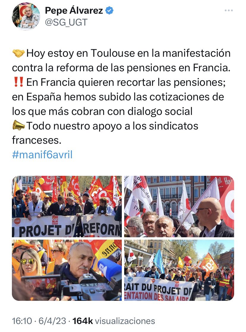 Francia,SMI  1709 €
España,SMI  1080 €
Francia,jubilación 64 años (volverán a los 62)
España:,jubilación a los 65 años camino de 67
Francia,jornada laboral 35/semanales
España, 40h (extras no pagadas) 

Y el de UGT manifestándose en Francia y alardeando de ello ¡Manda narizes!