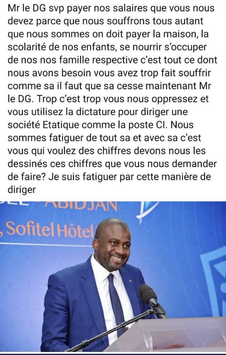 Veron79661121's tweet image. A la vielle de la #Paque les travailleurs de la @posteciv n’auront rien pour faire la fête
Aujourd’hui 3Mois sans salaire,leur famille n’auront pas cette joie
Le DG @isaacgnamba doit avoir une conscience tranquille ce jour.
@Gouvci @FarafinaW @MICEN_CI @dmBelmonde @dominiqueouat