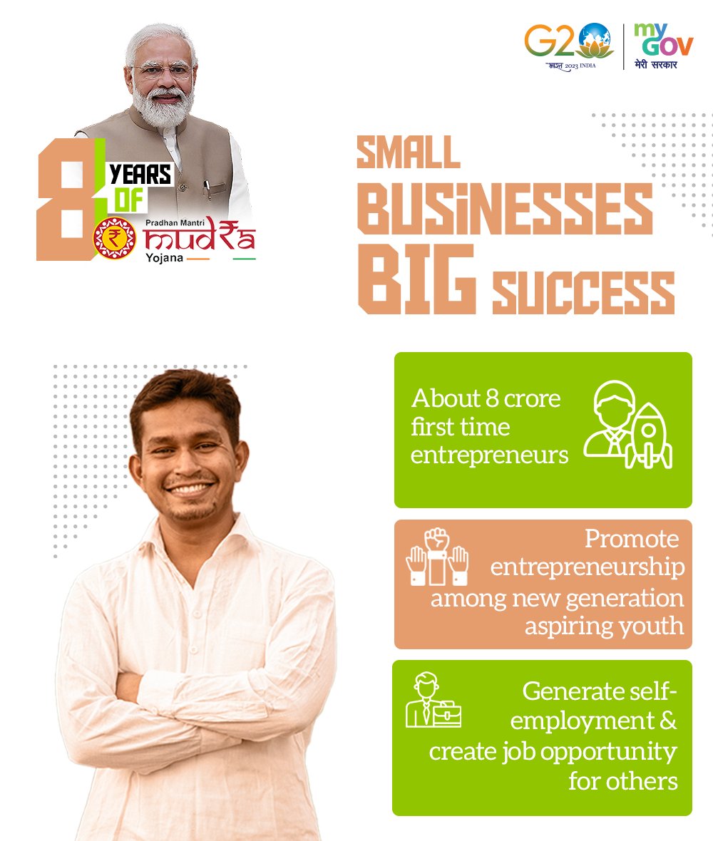 isro's tweet photo. 8 years of #PMMudraYojana, empowering millions of Indians to fulfill their entrepreneurial dreams &amp; contribute to the nation's growth.

From micro-enterprises to large businesses, #PMMudraYojana has opened doors of opportunity for all Indians. https://t.co/3qFcy0aVsU