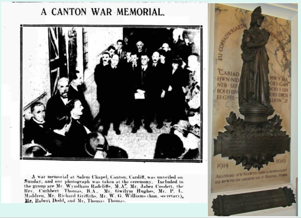Can mlynedd yn ôl i heddiw (8 Ebrill 1923) fe ddadorchuddiwyd cofeb ryfel Salem, Canton – celfwaith gan y cerflunydd enwog Goscombe John. Mae’n coffáu 5 o’r capel a laddwyd yn y Rhyfel Mawr 1/3