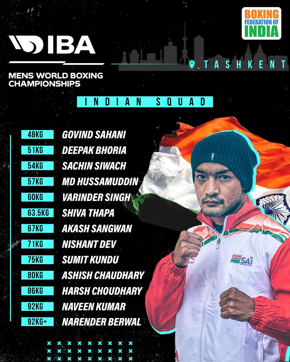 Boxing Federation (@bfi_official) on Twitter photo GET READY TO CHEER 💪
Presenting the 🇮🇳 squad for IBA Men’s World Boxing Championships 2023 🔥😍
🗓: May 1-14
📍: Tashkent, 🇺🇿
<a href="/AjaySingh_SG/">Ajay Singh</a> l <a href="/debojo_m/">Debojo Maharshi</a>
#PunchMeinHaiDum
#WorldChampionships
#Boxing <a href="/IBA_Boxing/">IBA</a> <a href="/ASBC_official/">ASIAN BOXING CONFEDERATION</a> <a href="/amb_tashkent/">India in Uzbekistan</a> GET READY TO CHEER 💪
Presenting the 🇮🇳 squad for IBA Men’s World Boxing Championships 2023 🔥😍
🗓: May 1-14
📍: Tashkent, 🇺🇿
<a href="/AjaySingh_SG/">Ajay Singh</a> l <a href="/debojo_m/">Debojo Maharshi</a>
#PunchMeinHaiDum
#WorldChampionships
#Boxing <a href="/IBA_Boxing/">IBA</a> <a href="/ASBC_official/">ASIAN BOXING CONFEDERATION</a> <a href="/amb_tashkent/">India in Uzbekistan</a>