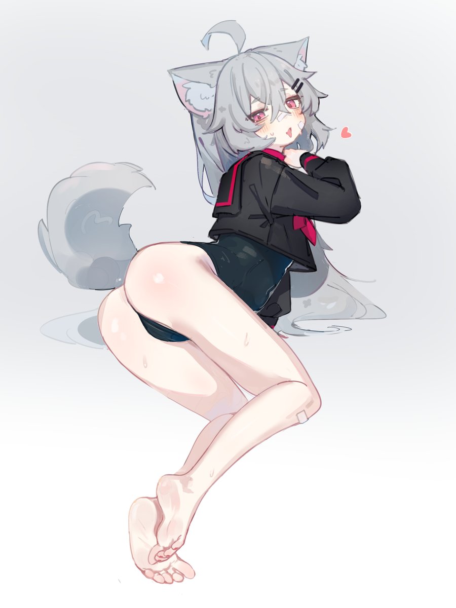 1girl animal ears tail bandaid wolf ears swimsuit ass  illustration images