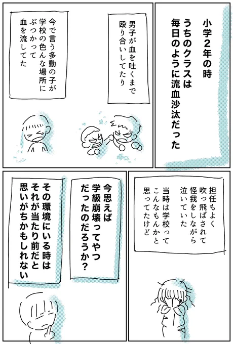 私が小学2年生の時、クラス↓こんな感じだったんだけど、当時はそれが普通だと思ってた。

その後、小中高と過ごして、こんな流血沙汰なクラスは小2の時だけだったから、「もしかして普通じゃなかった?」って思えるようになった。

環境の異常性は、その場にいるほど気がつけない。 