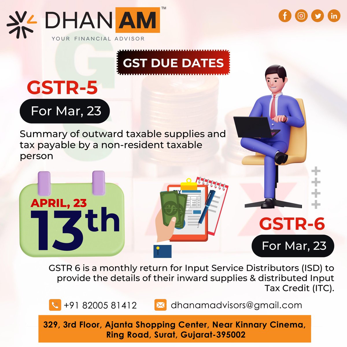 GSTR- 5 & GSTR -6 Due Date..

.

.

.

#gstduedate #gst #GovernmentOffice #TaxPayment #IncomeTax #Finance #Revenue #Compliance #Taxation #Filing #Accounting #WithholdingTax #TaxReturn #Business #CorporateTax #TaxLaw #FinancialManagement #Payroll #TaxCompliance #TaxationSystem