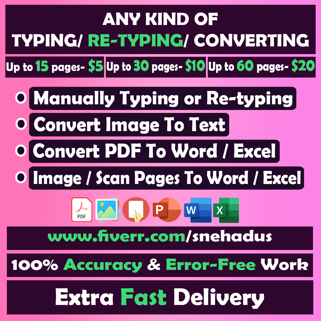 I will do fast typing, retype or convert scanned/ handwritten notes/ images/ pdf to Word/Excel documents!
Details 👉 rb.gy/t5hht
#lookingforartist #Services #pdftoword #imagetoword  #convert #virtualassistant #GraphicDesigner #Covenant #USWNT #TREASURE #TrendingNow