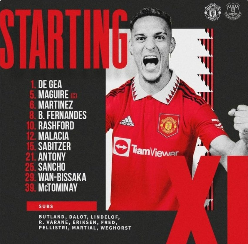 RedDevilsNicas's tweet photo. Así sale el Manchester United para enfrentar a Everton.

el capitán Maguire, Wan Bissaka y Malacia van de titular respecto al XI que jugó contra Brentford.

#MUFC https://t.co/nXch046TwF