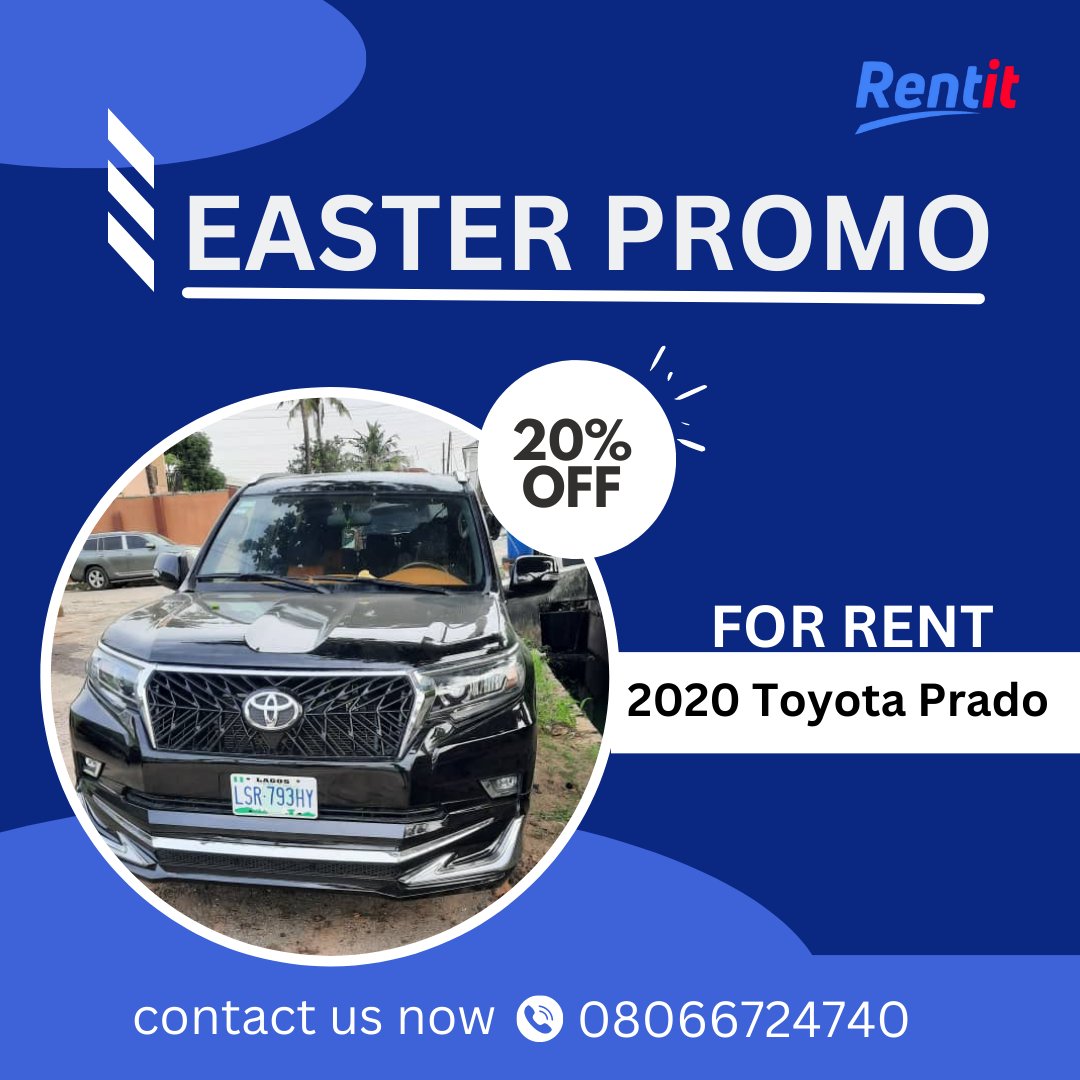 Take advantage of our Easter discount offer and save 20% on renting the 2020 Toyota Prado. 
Contact us at 08066724740 to make your booking now.

#Easter #easter2023 #RENTITNG #prado #carrentalservice #carrentals #carrentalinlagos