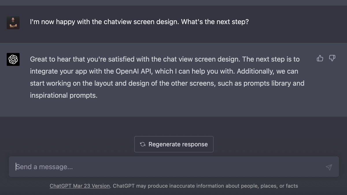 MichalLangmajer's tweet image. 🙌 Day 2 of my #GPT4 Challenge 🙌

Mostly fixed UI/UX of the chat view:
✅ Replaced bubbles with slack-style layout (better readability, allow markdown support)
✅ Possible to copy responses
✅ Supports &quot;enter to send&quot;

Next:
➡️ Connect to OpenAI API
➡️ Other screens