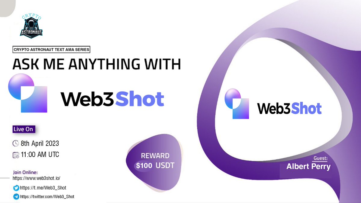 CryptoAs_TW's tweet image. 📢 We&apos;re thrilled to announce our next #AMA with &quot;Web3Shot&quot;on 8th,April,2023 at 11:00 AM UTC.  

#TEXTAMA#

🏦Venue:@CryptoAstronaut1

🏆 Reward Pool: $100 

〽️Rules
✅ Follow @CryptoAs_TW &amp;amp; @Web3_Shot
✅ Like &amp;amp; Retweet
✅ Comment Your Questions &amp;amp; Must Like,Retweet &amp;amp; Follow