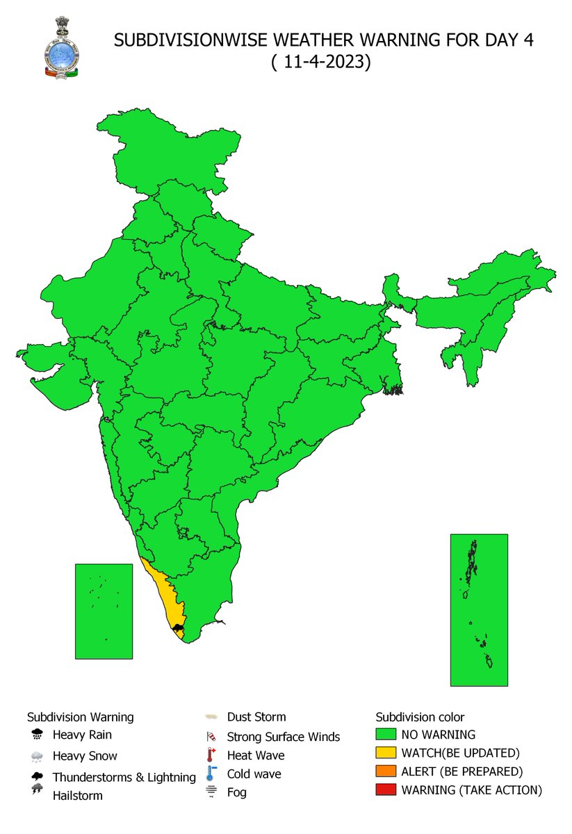 5 days warning:
(i) Thunderstorms with gusty winds likely over Madhya Pradesh, Odisha, Maharashtra and Chhattisgarh during next 2 days and decrease thereafter.
(ii) Gradual rise in maximum temperature by 2-4°C over most parts of the country during next 5 days.