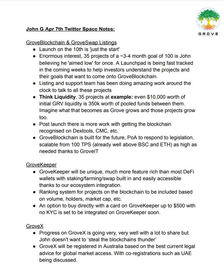DefiFella's tweet photo. #Grove update.

• 35+ projects to launch blockchain which equates to 35% of the short term goal(3-4 months)

• #GroveC was Hot #1 on #DexTools, image below courtesy of @OlsonPositivity

• A write up has been done of the last ama by the excellent #Grove team(see images below), thank you all for what you do. 

• #GroveX is going to be licensed very soon, the paperwork is being finalised, Australia will be the first license.

• #GroveKeeper will have a ranking system for projects on the #GrvChain a bit like how CMC works.

• #GroveLaunchpad is being fast tracked.

• The Grove team are working to get the #GroveChain recognised on #Cmc & #Dextools etc.

• #GroveKeeper will have a integrated  direct buy with card button with no kyc required below $500.

• #USGD will be an algorithmic stablecoin to be always be set at $1.

• The indoor hydroponic system is a reseller deal for the #GroveBusiness(I'll just to add here and say remember at the London expo John said 50% of profit would be going back into #Grv in his interview 🔥) 

• The #Amazon #GroveStore will accept fiat & crypto payments.

• #GroveIT will be working with external contract jobs to utilities, which includes defi & non-defi projects(again more revenue back into #Grv)

#GroveHQ videos are being made and will be released by JohnG, stage 1 is almost complete.

#GroveCreditCard JohnG is waiting for a potential unique selling point rather than releasing a credit card that is just the same as everyone else in crypto. (Innovation 🎉)

• #GroveC is up nearly 15% on the day currently as of writing this. https://t.co/XaJ447Fjyo

#GroveCoin #GroveC
#BuildWithGrove #GroveEcosystem
#Crypto #Blockchain #Defi #Arbitrum #Ada #Aptos #Avax #Bnb #Bsc #Btc #Eth #Matic #Sol